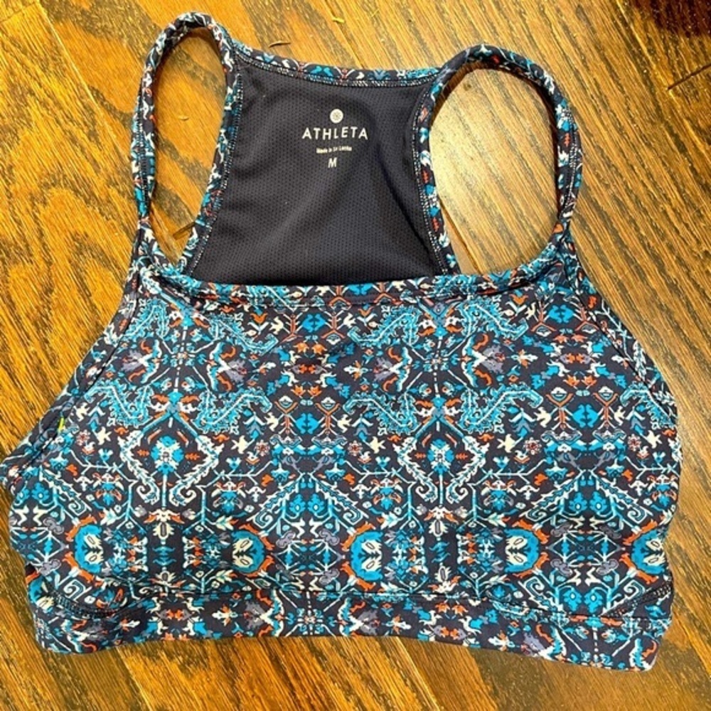 Athleta Womens Sports Bra Blue Print Stretch Mesh Racerback Medium